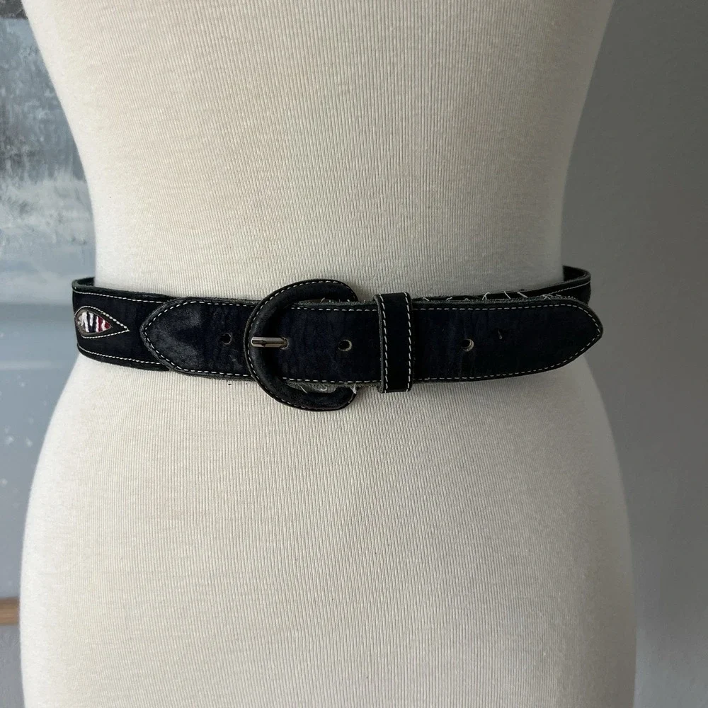Vintage Blue Leather Southwestern Woven Inlay Belt Boho Artisan 90s Cowgirl